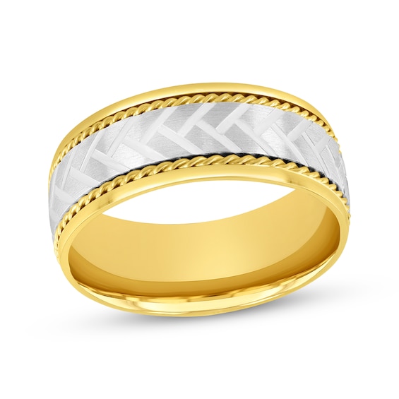 Patterned & Rope-Edged Wedding Band 10K Two-Tone Gold 8mm