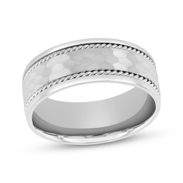 Hammered & Rope-Edged Wedding Band 10K White Gold 8mm