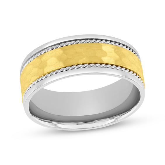 Hammered & Rope-Edged Wedding Band 10K Two-Tone Gold 8mm