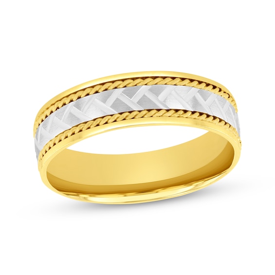 Patterned & Rope-Edged Wedding Band 10K Two-Tone Gold 6mm