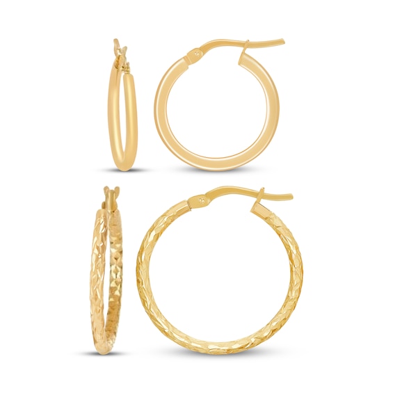 Diamond-Cut & Polished Hoop Earrings Set 10K Yellow Gold