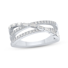 Baguette & Round-Cut Diamonds Three-Row Crossover Ring 1/2 ct tw 10K White Gold