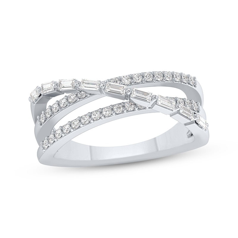 Baguette & Round-Cut Diamonds Three-Row Crossover Ring 1/2 ct tw 10K White Gold