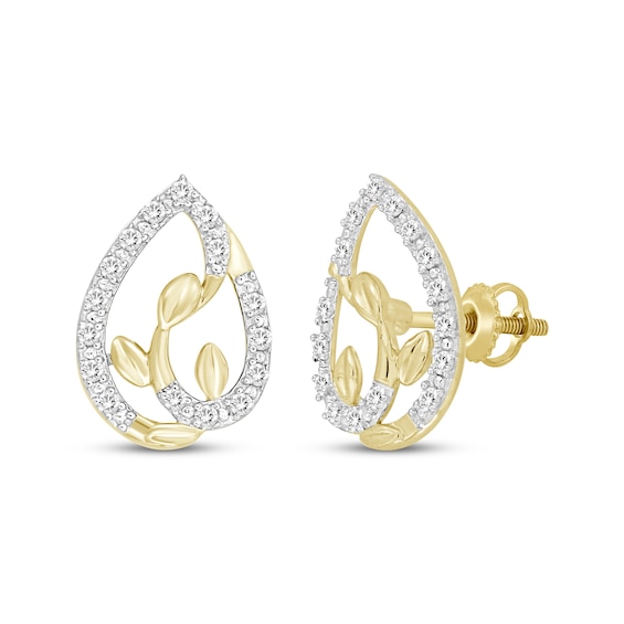 Diamond Teardrop Leaves & Vines Stud Earrings 1/5 ct tw 10K Yellow Gold