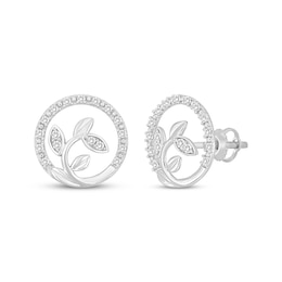 Diamond Leaves Circle Stud Earrings 1/5 ct tw 10K White Gold