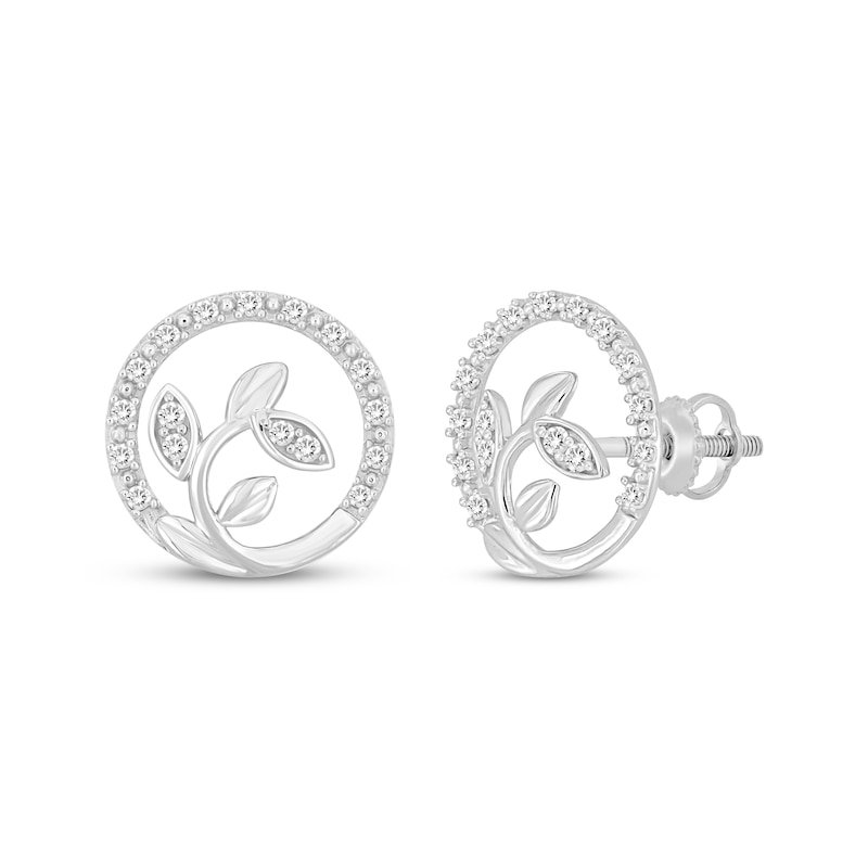 Diamond Leaves Circle Stud Earrings 1/5 ct tw 10K White Gold