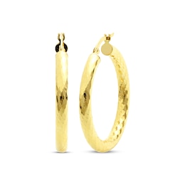 Diamond-Cut Patterned Round Hoop Earrings 25mm 10K Yellow Gold