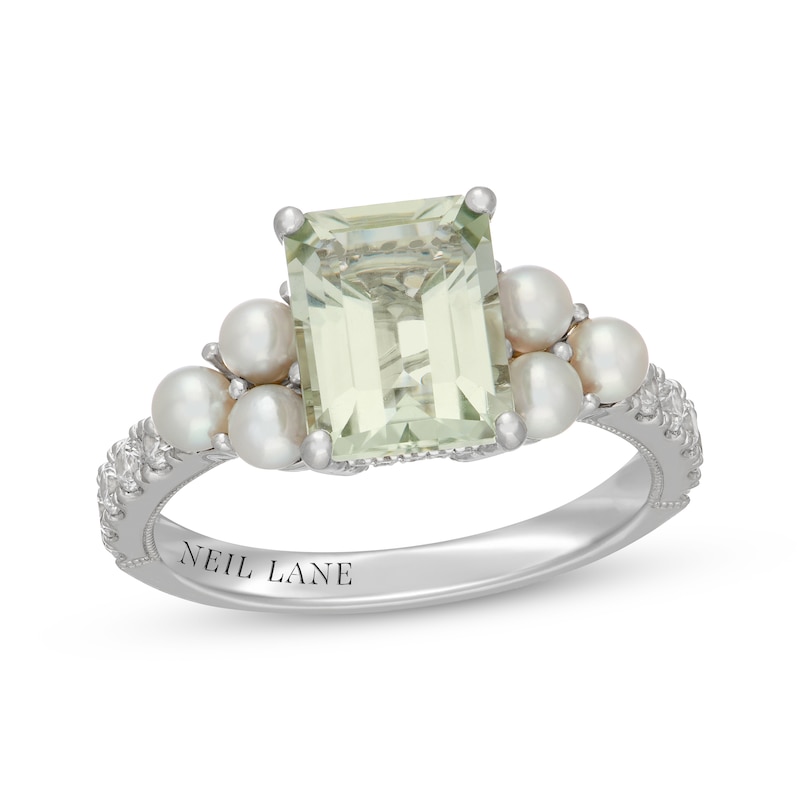 Main Image 1 of Neil Lane Emerald-Cut Green Quartz, Diamond & Cultured Akoya Pearl Engagement Ring 1/3 ct tw 14K White Gold