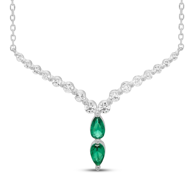 Main Image 1 of Our Story Together Pear-Shaped Lab-Created Emerald & White Lab-Created Sapphire Chevron Necklace 10K White Gold 18&quot;