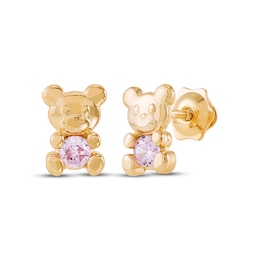 Children's Pink Cubic Zirconia Teddy Bear Stud Earrings 14K Yellow Gold