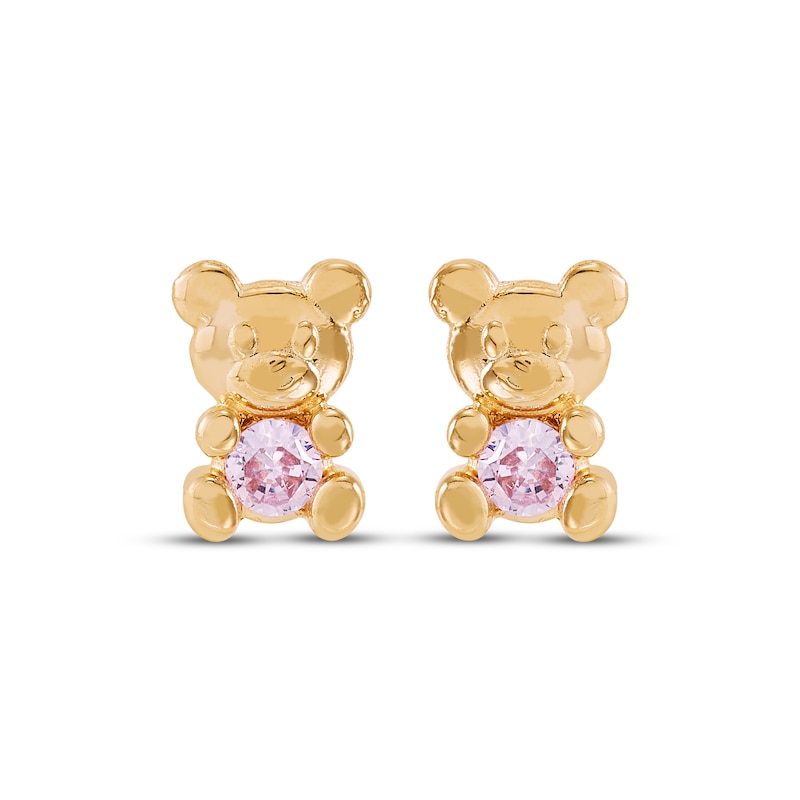 Children's Pink Cubic Zirconia Teddy Bear Stud Earrings 14K Yellow Gold