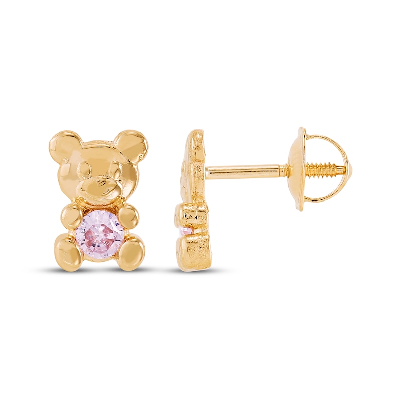 Children's Pink Cubic Zirconia Teddy Bear Stud Earrings 14K Yellow Gold