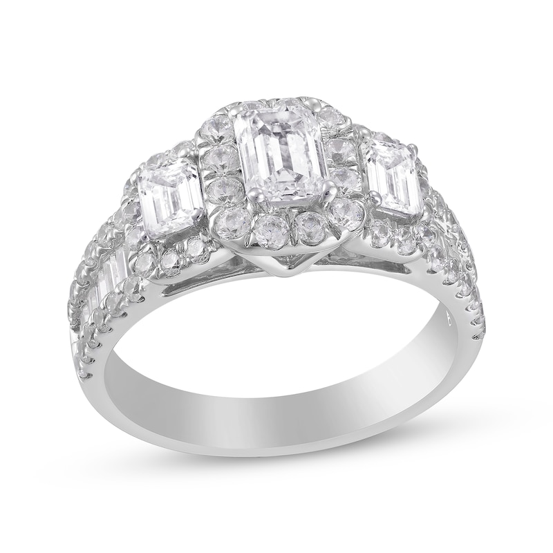 Main Image 1 of Diamond Engagement Ring 1-3/4 ct tw Emerald, Baguette, Round-cut 14K White Gold