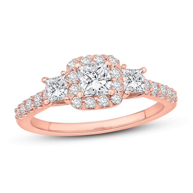 Main Image 1 of Three-Stone Diamond Engagement Ring 1-1/8 ct tw Princess & Round 14K Rose Gold