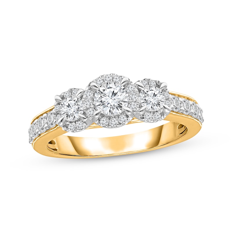 Main Image 1 of Memories Moments Magic Three-Stone Diamond Engagement Ring 1 ct tw Round-cut 18K Yellow Gold