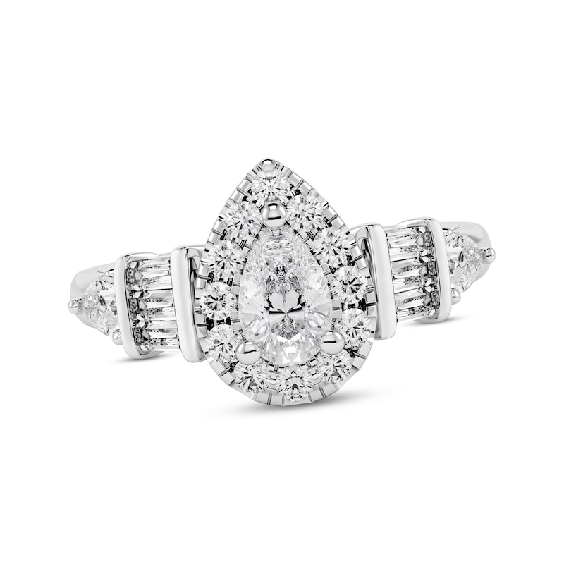 Main Image 1 of Diamond Engagement Ring 1-1/4 ct tw Pear, Round & Baguette-cut 14K White Gold