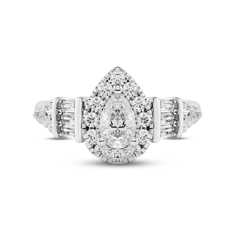 Main Image 4 of Diamond Engagement Ring 1-1/4 ct tw Pear, Round & Baguette-cut 14K White Gold