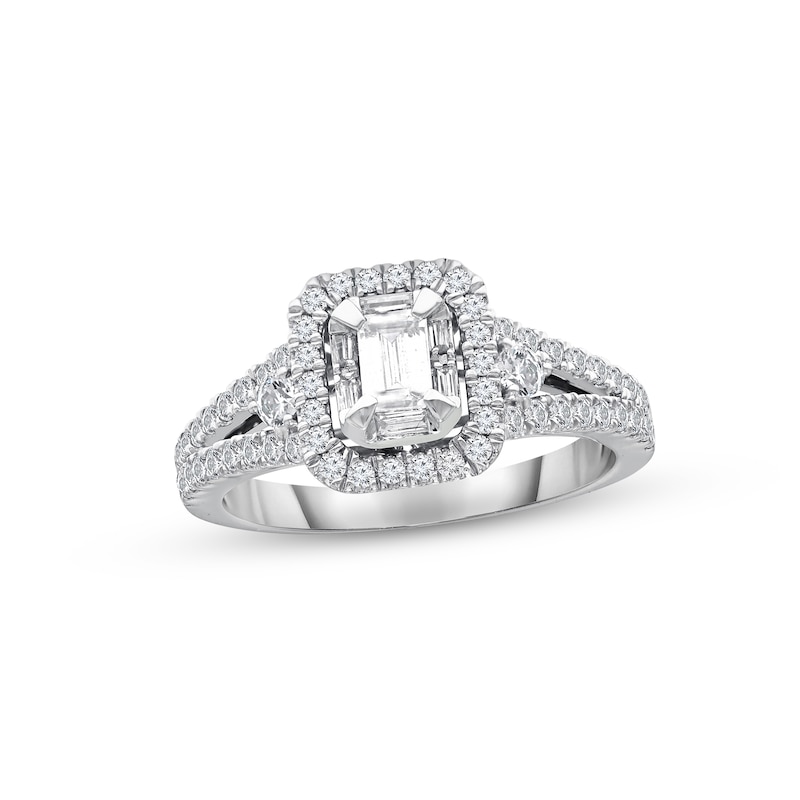 Main Image 1 of Diamond Engagement Ring 1 ct tw Emerald, Baguette & Round-cut 14K White Gold