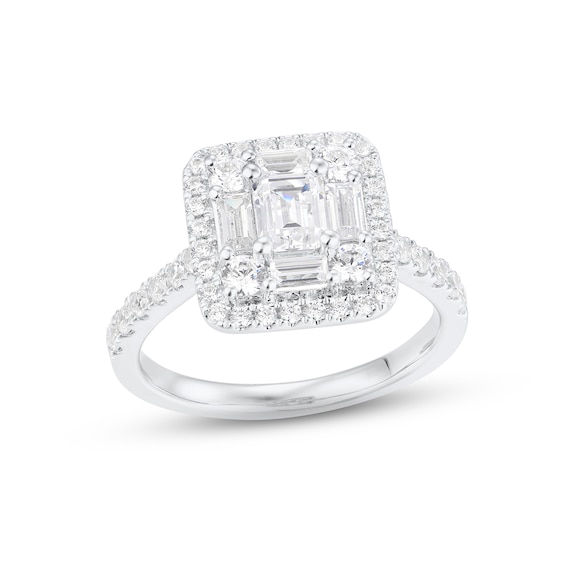 Multi-Diamond Center Engagement Ring 1-1/3 ct tw Emerald, Baguette & Round-cut 14K White Gold