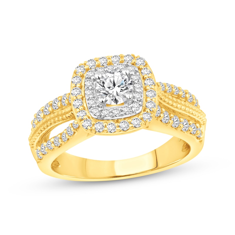 Main Image 1 of Round-Cut Diamond Cushion Halo Engagement Ring 1 ct tw 14K Two-Tone Gold