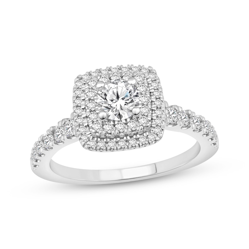 Main Image 1 of Round-Cut Diamond Double Halo Cushion Engagement Ring 1 ct tw 18K White Gold