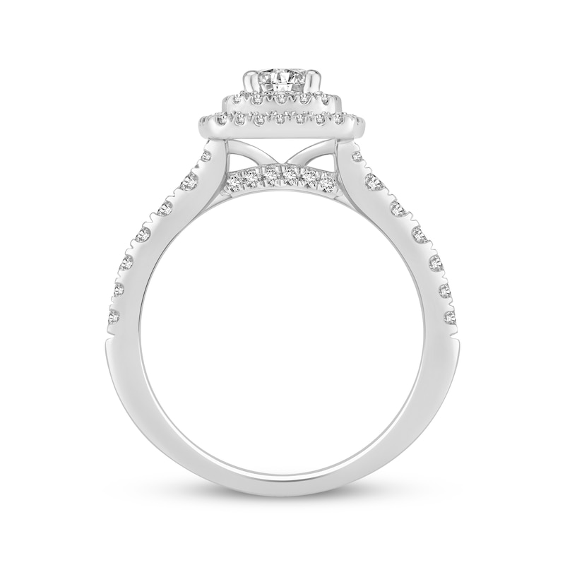 Main Image 3 of Round-Cut Diamond Double Halo Cushion Engagement Ring 1 ct tw 18K White Gold