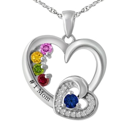 1/15 ct tw Diamond and Birthstone Family & Mother's Heart Necklace (2-5 Stones and 1 Line)