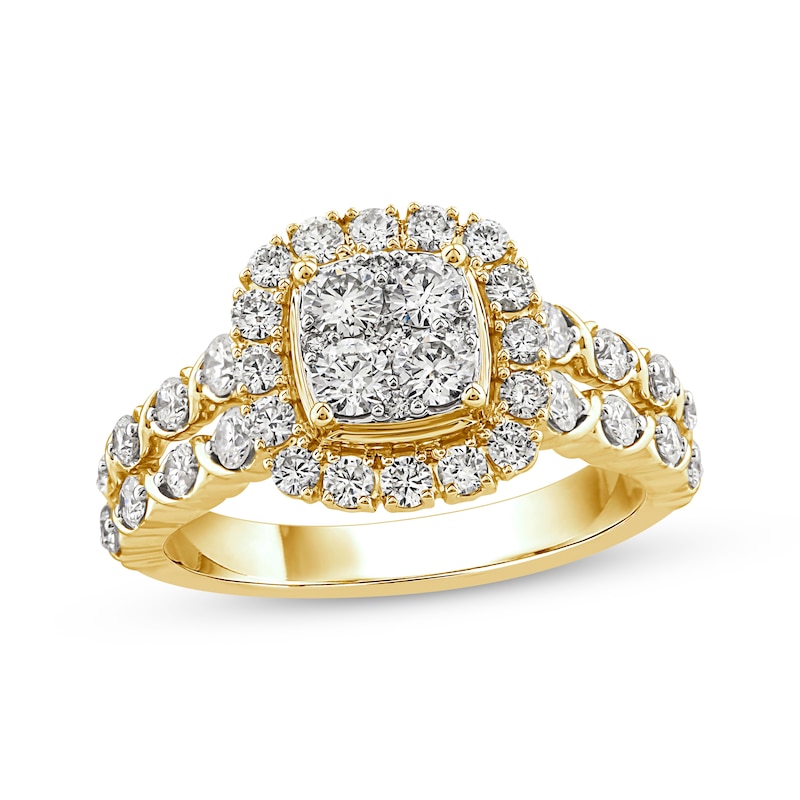 Main Image 1 of XO from KAY Round-Cut Multi-Diamond Center Cushion-Shaped Engagement Ring 1-1/5 ct tw 14K Yellow Gold