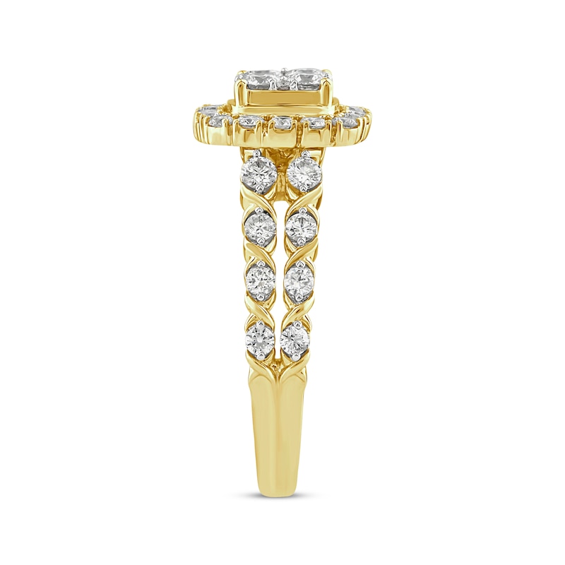 Main Image 2 of XO from KAY Round-Cut Multi-Diamond Center Cushion-Shaped Engagement Ring 1-1/5 ct tw 14K Yellow Gold