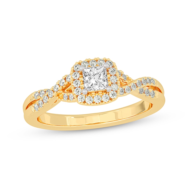 Main Image 1 of Princess-Cut Diamond Cushion Halo Frame Engagement Ring 1/2 ct tw 14K Yellow Gold