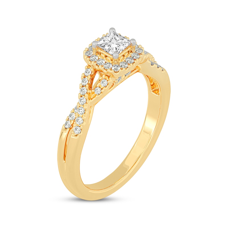 Main Image 2 of Princess-Cut Diamond Cushion Halo Frame Engagement Ring 1/2 ct tw 14K Yellow Gold