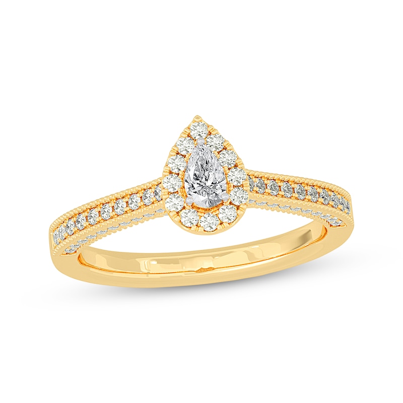 Main Image 1 of Pear-Shaped Diamond Halo Vintage-Inspired Engagement Ring 1/2 ct tw 14K Yellow Gold