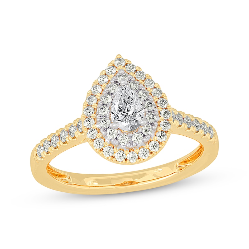 Main Image 1 of Pear-Shaped Diamond Double Halo Engagement Ring 5/8 ct tw 14K Yellow Gold