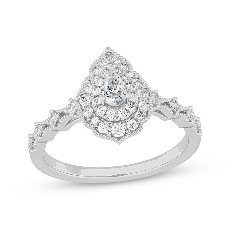 Main Image 1 of Pear-Shaped Diamond Arabesque Halo Engagement Ring 1/2 ct tw 14K White Gold