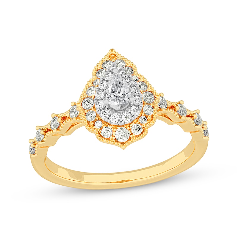 Main Image 1 of Pear-Shaped Diamond Arabesque Halo Engagement Ring 1/2 ct tw 14K Yellow Gold