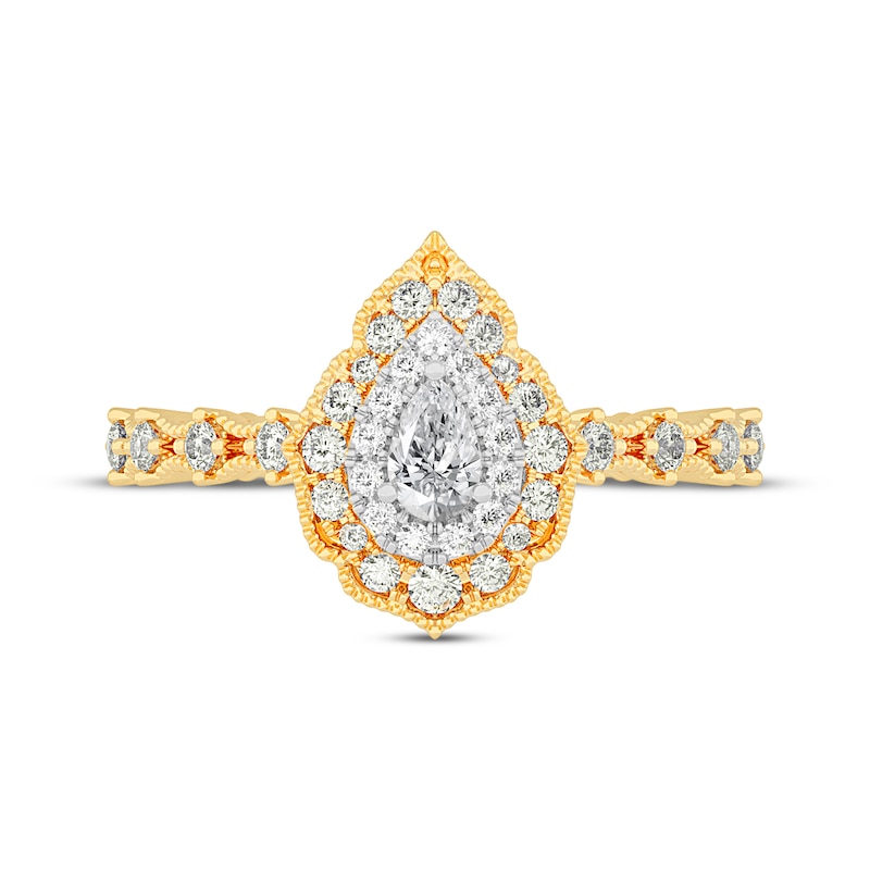 Main Image 3 of Pear-Shaped Diamond Arabesque Halo Engagement Ring 1/2 ct tw 14K Yellow Gold