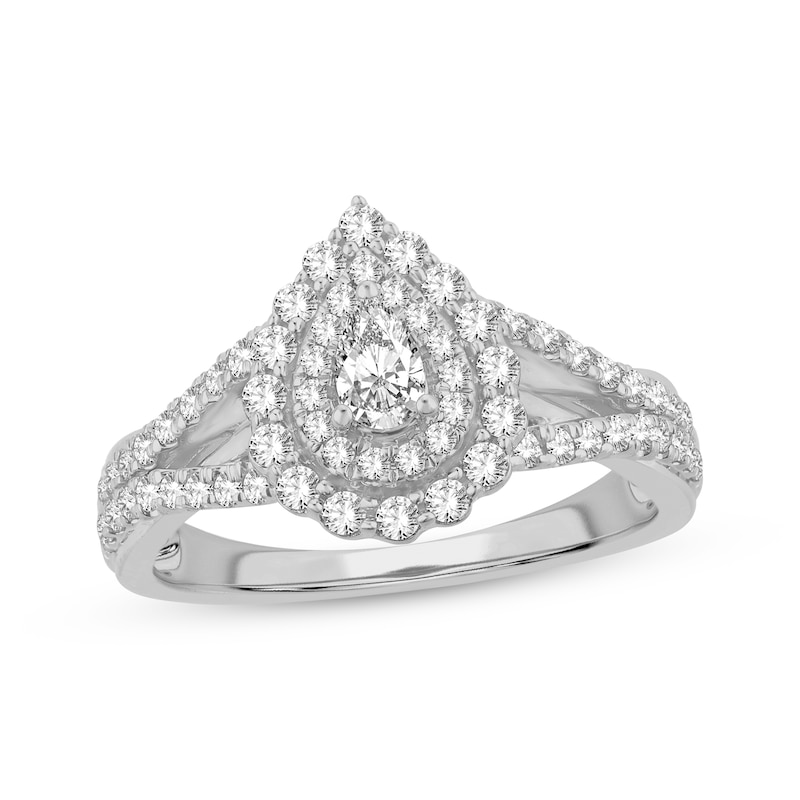 Main Image 1 of Pear-Shaped Diamond Double Halo Engagement Ring 3/4 ct tw 14K White Gold