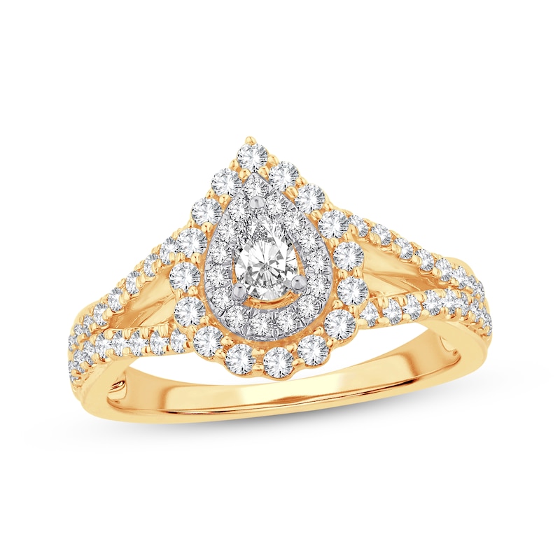 Pear-Shaped Diamond Double Halo Engagement Ring 3/4 ct tw 14K Yellow Gold