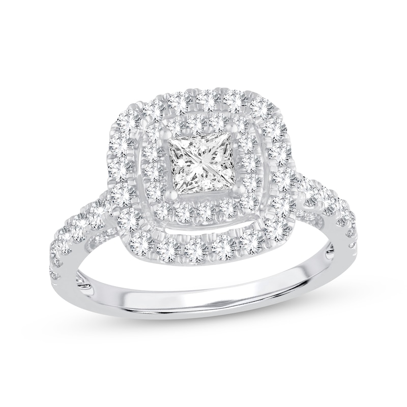 Main Image 1 of Princess-Cut Diamond Double Cushion Halo Engagement Ring 1-3/8 ct tw 14K White Gold