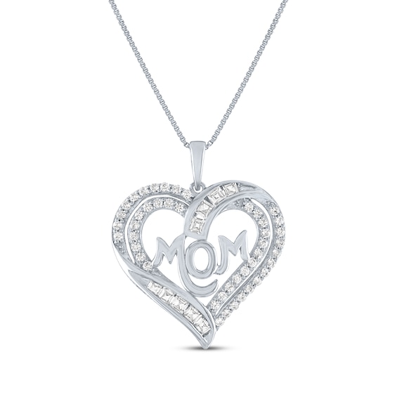 Square & Round-Cut White Lab-Created Heart "Mom" Necklace Sterling Silver 18"