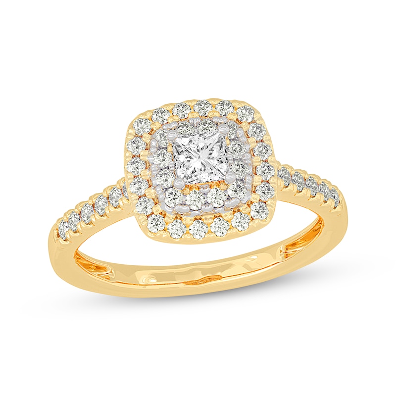 Main Image 1 of Princess-Cut Diamond Cushion Halo Engagement Ring 5/8 ct tw 14K Yellow Gold