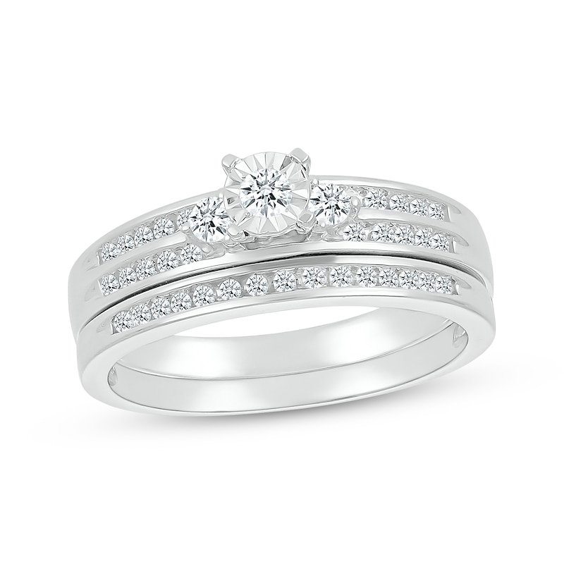 Main Image 1 of Round-Cut Diamond Three-Stone Bridal Set 1/5 ct tw 10K White Gold