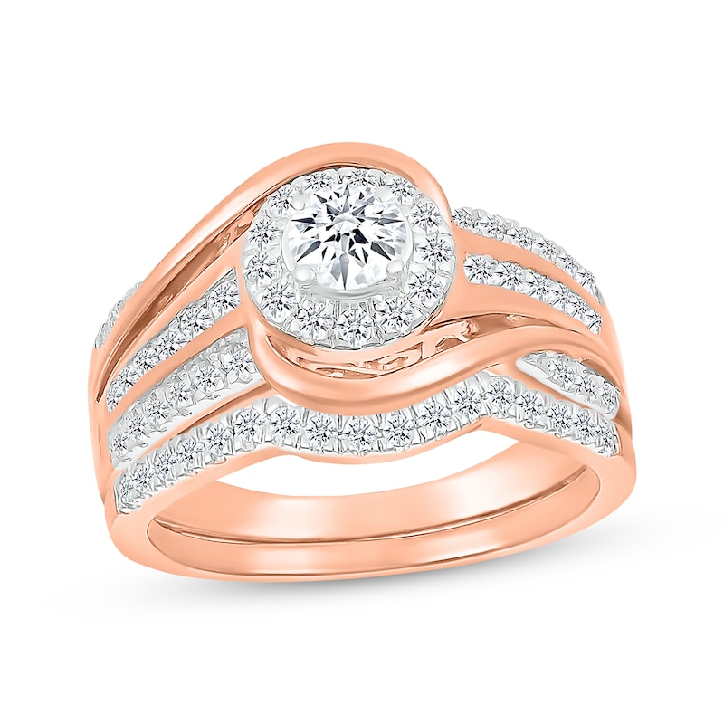 Main Image 1 of Round-Cut Diamond Halo Bypass Bridal Set 5/8 ct tw 10K Rose Gold