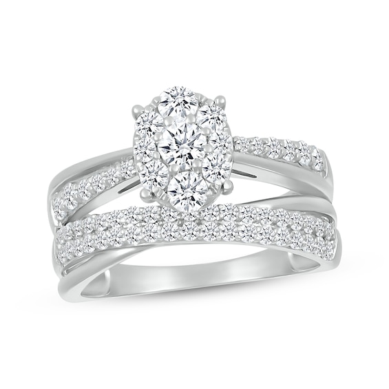Multi-Diamond Oval-Shaped Crossover Bridal Set 1 ct tw Round-Cut 10K White Gold