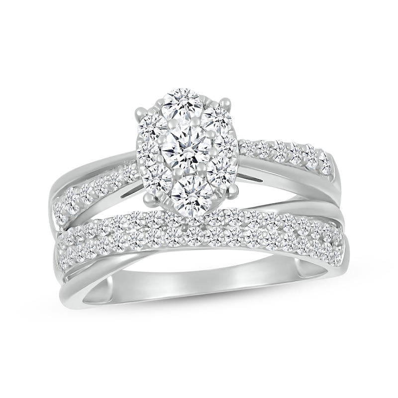 Main Image 1 of Multi-Diamond Oval-Shaped Crossover Bridal Set 1 ct tw Round-Cut 10K White Gold