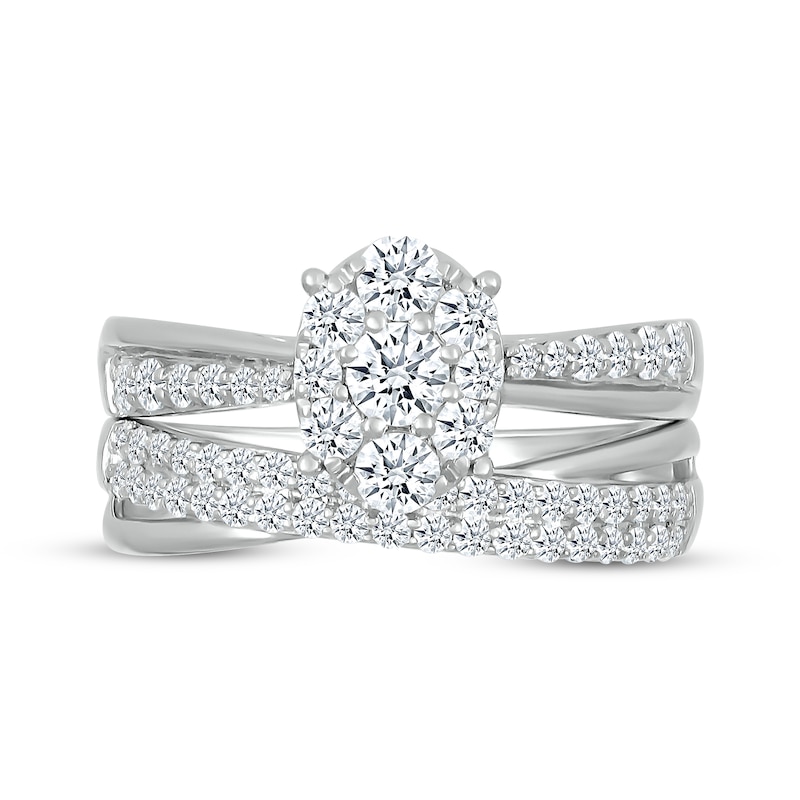 Main Image 4 of Multi-Diamond Oval-Shaped Crossover Bridal Set 1 ct tw Round-Cut 10K White Gold