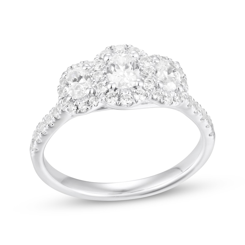 Oval-Cut Diamond Three-Stone Halo Engagement Ring 1 ct tw 14K White Gold