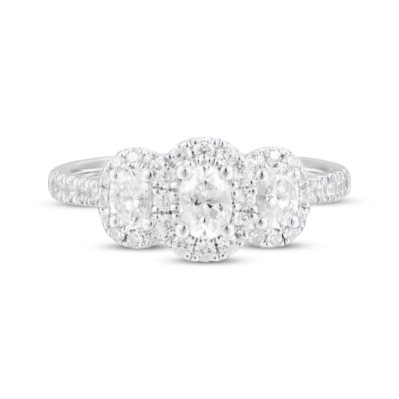 Oval-Cut Diamond Three-Stone Halo Engagement Ring 1 ct tw 14K White Gold