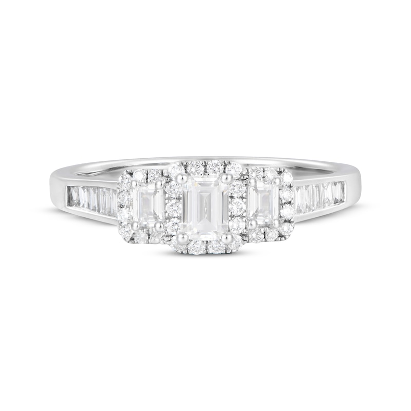 Main Image 4 of Emerald-Cut Diamond Three-Stone Engagement Ring 3/4 ct tw 14K White Gold