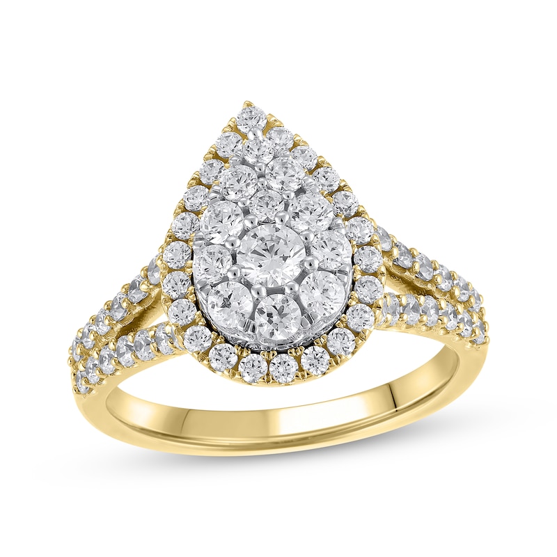 Multi-Diamond Center Pear Frame Engagement Ring 1-1/5 ct tw 14K Yellow Gold